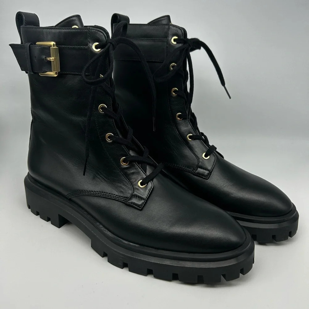 Stuart Weitzman Ultra Lug Black Combat boots Gold Buckles size 10.5 new